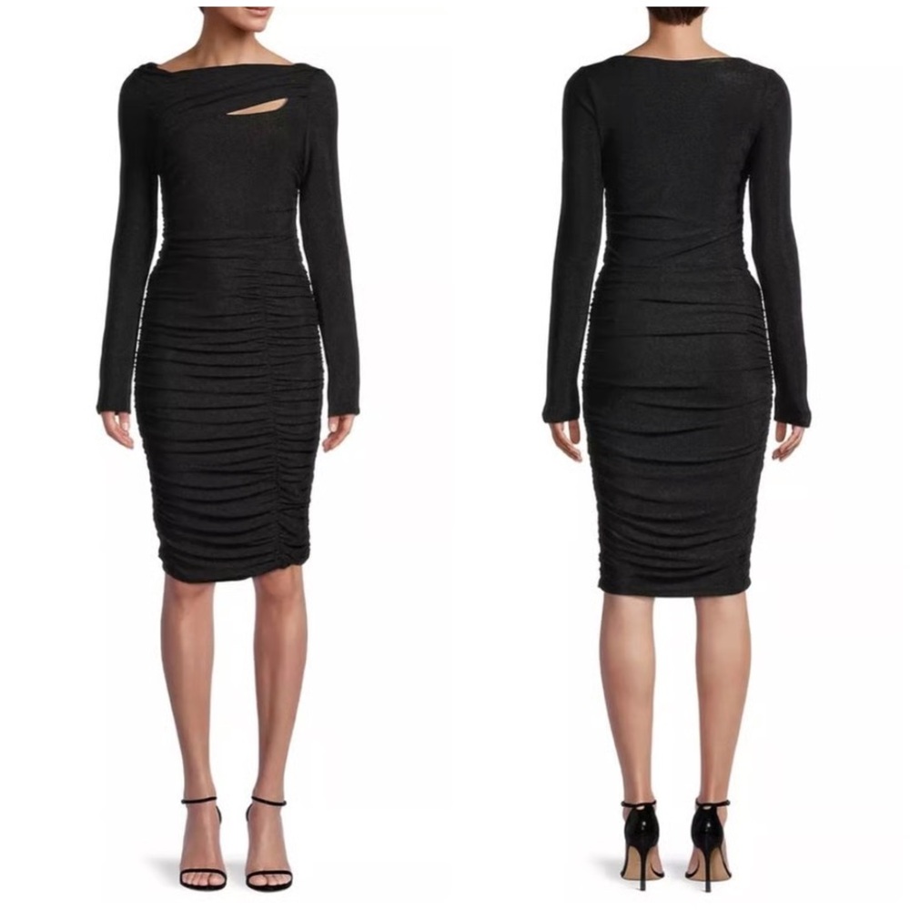 Rachel Parcell‎ Metallic Bodycon Ruched Midi Long Sleeve Dress Stretch Black Sm